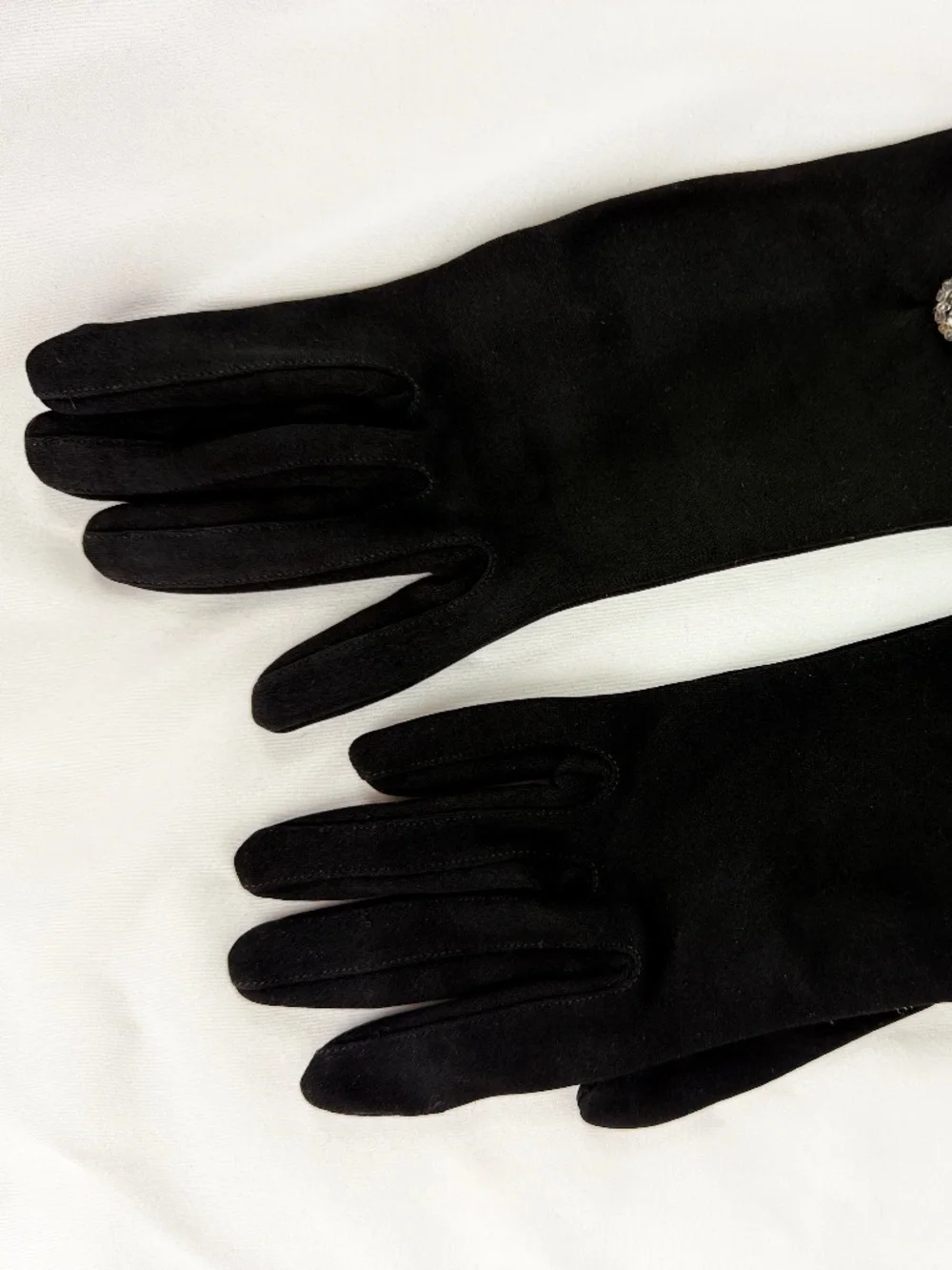Vintage Dawnelle Black Gloves 6 Rhinestone Beaded J or Cane Cotton Double Weave